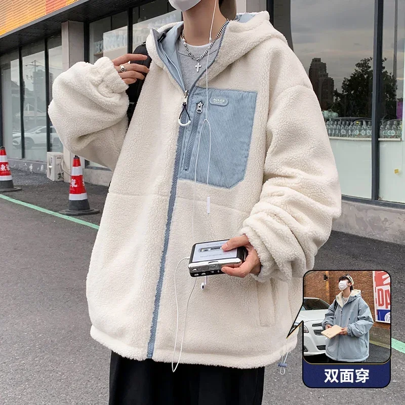 Casual Warm Fleece Parkas Men Solid Hooded Winter Padded Jackets Male Loose Two Sided Dressing Coats Man