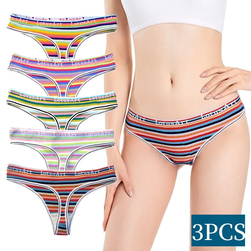 

G-string Women Cotton Panties Female Low Waist Thongs Seamless Underwear Sexy Lingerie Rainbow Striped Underpants M-XL