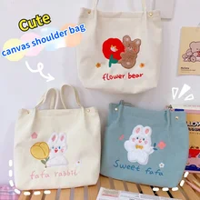 

2022 New Canvas Shoulder Bag Cute Girls Women Handbag Student Cartoon Tote Bag School One-shoulder Bags with Bear Kawaii