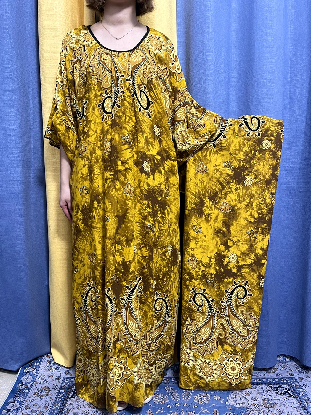 Abayas For Women Floral Printed Flower Cotton O-neck Muslim Dresses Islam Turkey African Traditional Femme Robe With Big Scarf
