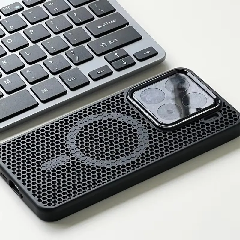 Magnetic Alloy Lens Wireless Charging Phone Case with Honeycomb Mesh Cooling Design