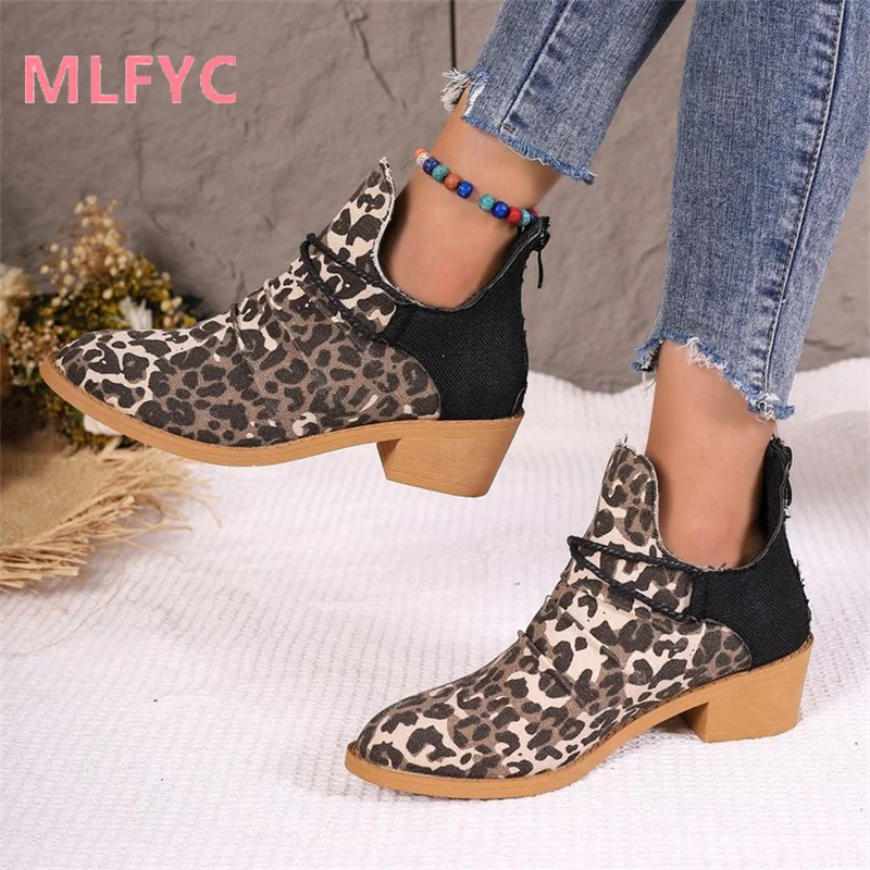 Autumn Winter Women Shoes New Pointed Square Heel Leopard Pattern Fashion Short Boots Ladies Comfortable and Simple Single Shoes