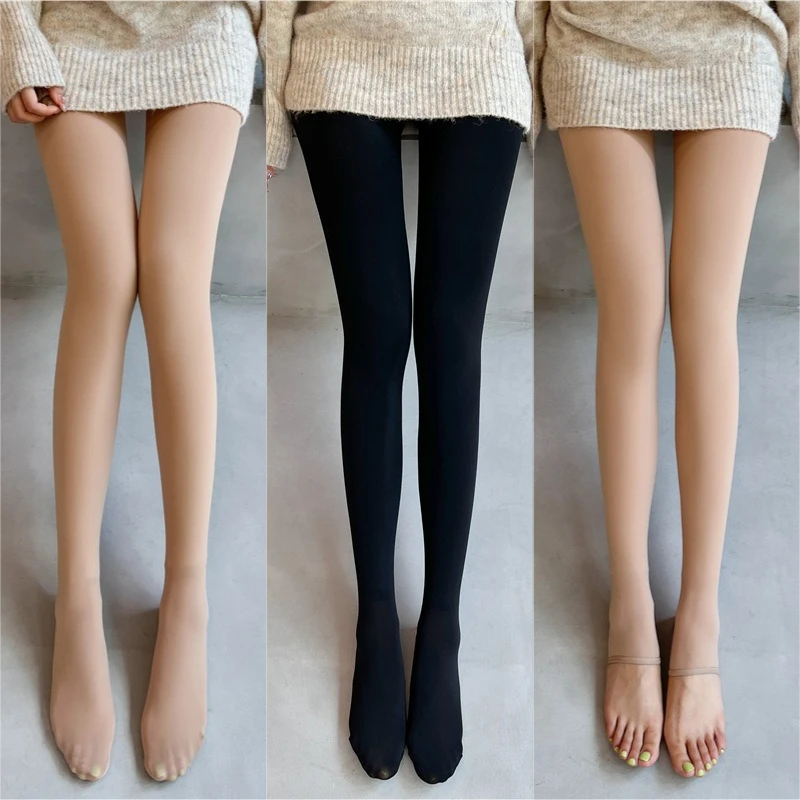 Flesh-tone Bare-Leg Effect Sexy High-Stretch Water-Gloss Pantyhose Autumn and Winter Velvet-Lined Pile Thicken Tights for Women