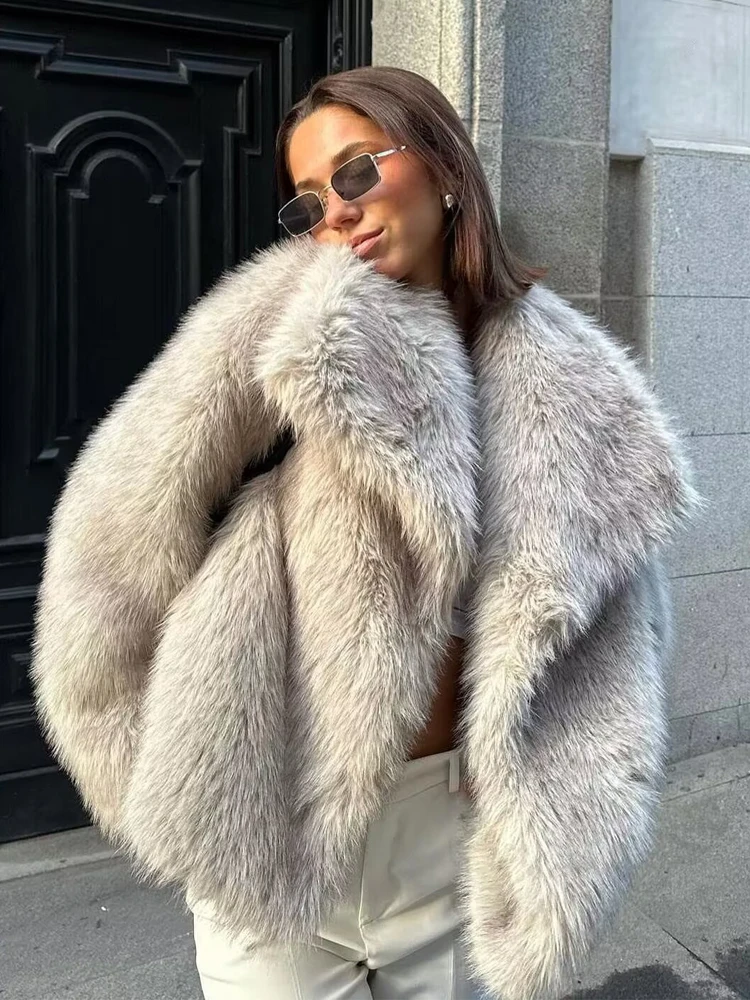 TRAF Faux Fur Coat Plush Fluffy Women's Jacket 2024 Woman Autumn Winter New in Outerwears White Red Gray Black Wool Blends Coats 2