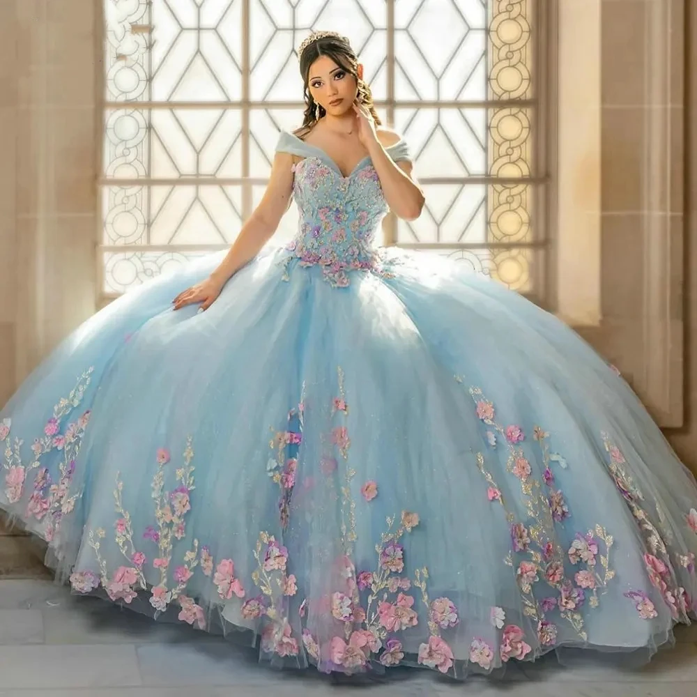 

Lorencia Light Blue Quincenara Dress 3D Flowers Applique Lace Ball Gown Off Shoulder Corset Sweet 16 Vestidos De XV Años YQD568