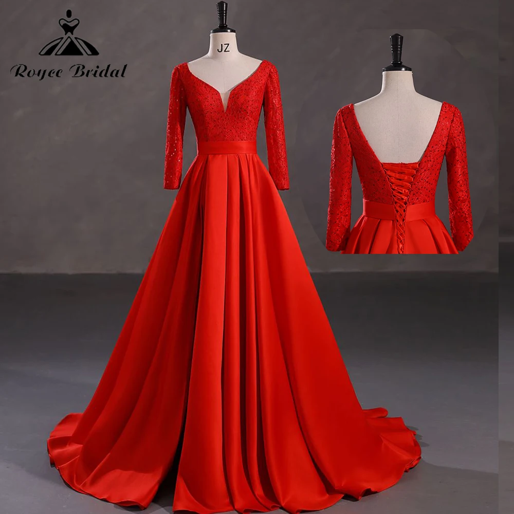 

A-Line Elegant V Neck Lace Up Evening Dresses 2023 New Arrival Satin Long Sleeve Formal Prom Gowns Sweep Train robe de soiree