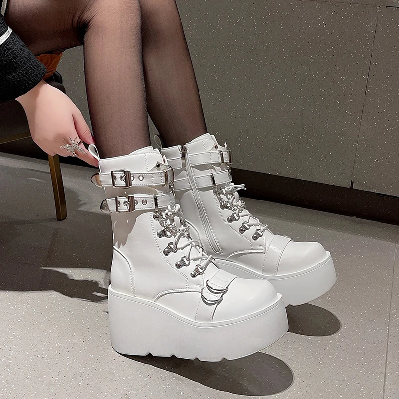

Autumn Winter Chunky Platform Punk Boots Women Fashion Buckle Wedges Ankle Boots Pu Leather Thick High Heel Motorcycle Botas