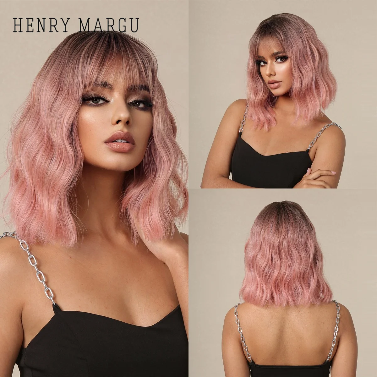 HENRY MARGU Pink Ombre Water Wave Wigs Synthetic Natural Wigs with Bangs Cosplay Lolita Hair Wig for Black Women Heat Resistant henry golding black