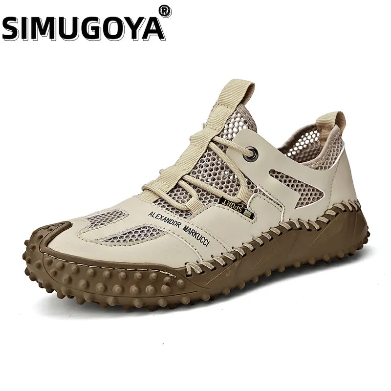 

SIMUGOYA New Leather Mesh Men's Shoes Summer Plus Size Men's Sandals Fashion Hand-stitched Outdoor Sandals Casual Shoes Beach