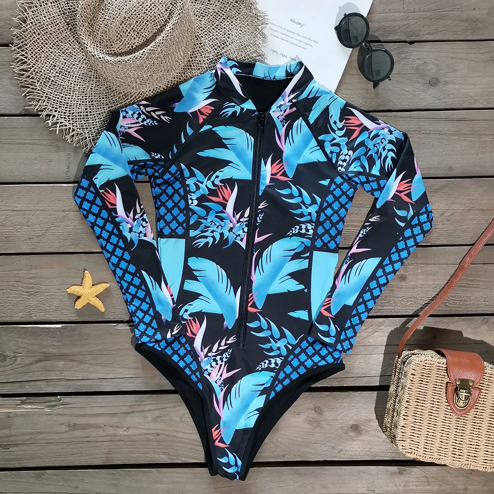 

2024 Conservative Surfing Suit Women One Piece Swimsuit Long Sleeved Zippered Sun Protection Bikini Beach Vacation Diving Suit