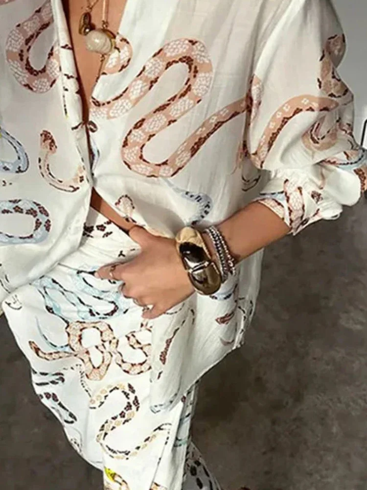 Print Shirt Skirt for Women Long Sleeve Dress Slit Skirt Women's Single Breasted Beach Two Piece Skirt Sets Womens Outifits