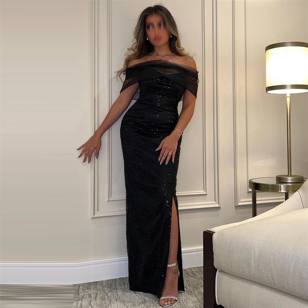 

Женское вечернее платье-русалка, черное платье до пола с вырезом лодочкой и блестками, официальное платье для выпускного вечера, 2019