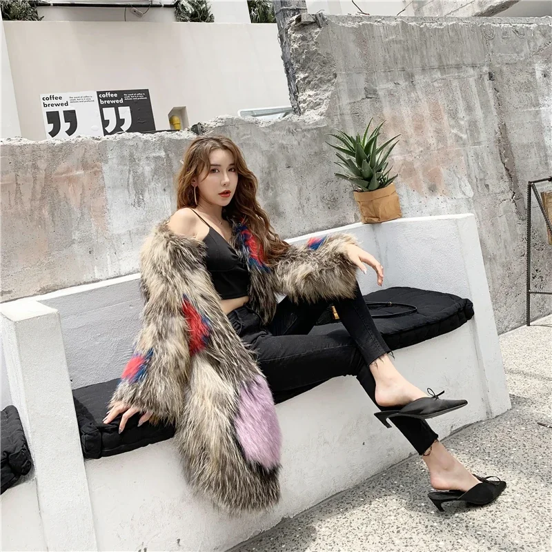 Imported Phnom Penh Fox Hair Woven Fur Coat Mid Length Full Sleeve Jackets Contrast Knitted Long Sleeve Casual Women's Clothing