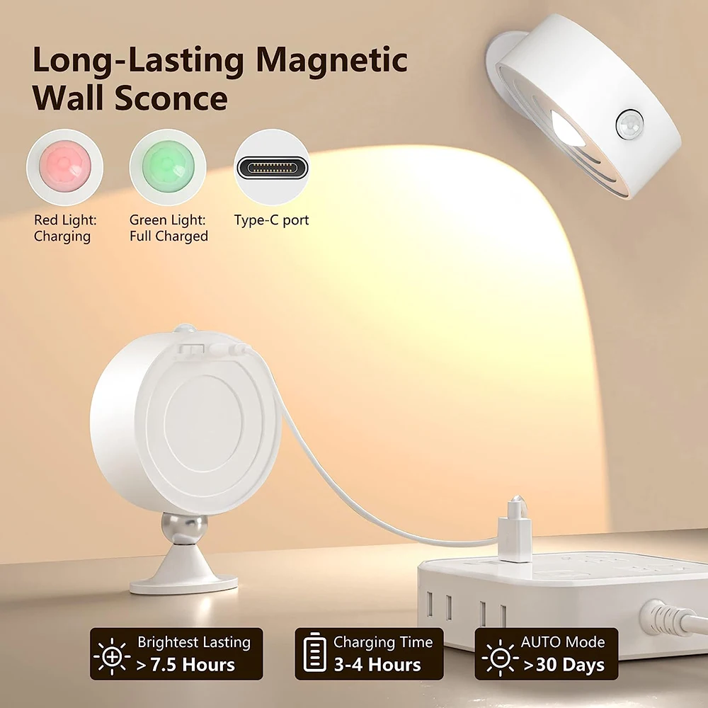 Rechargeable LED Wall Sconces Light Motion Sensor Wall Cordless Lights 360&deg; Rotatable Magnetic Reading Lamp For Indoor Bedroom