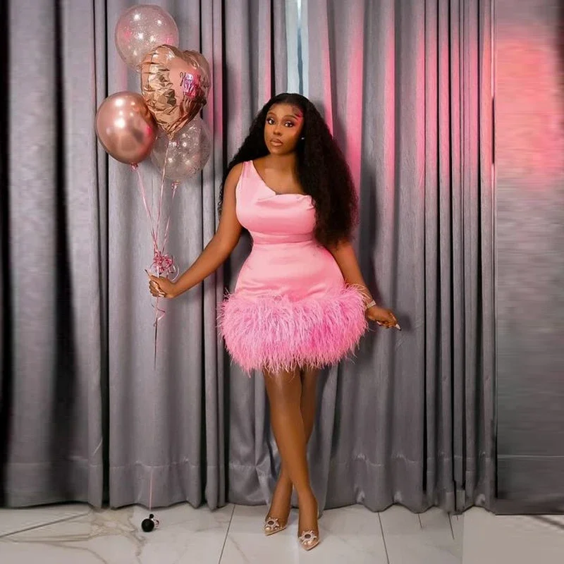 

Chic Pink Feathers Prom Dresses One Shoulder Mini Women Aso Ebi Party Cocktail Evening Birthday Gowns Vestidos De Fiesta 2024