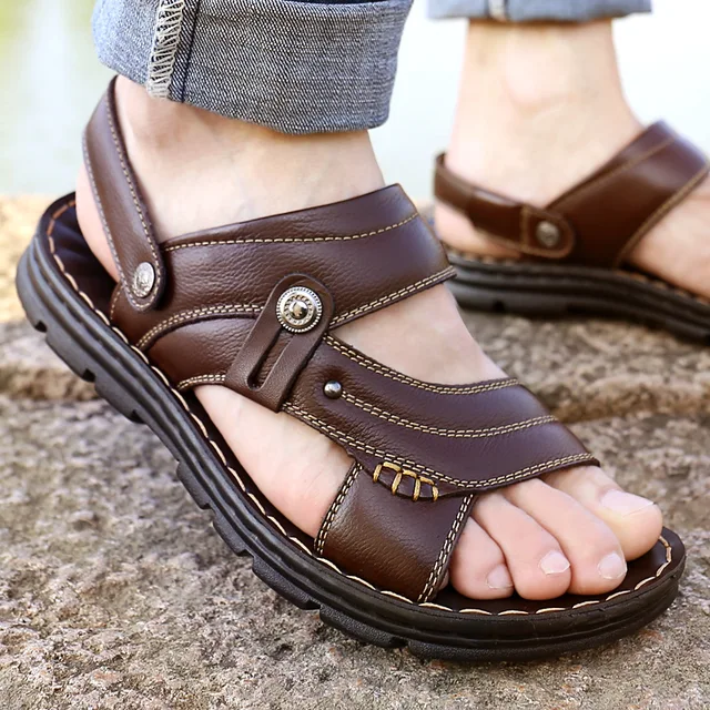 الرجال الصنادل الرجال الصيف جديد أحذية الشاطئ عادية جلدية موضة الصنادل تنفس المد الرجال الصنادل الرومانية الصنادل الجلدية 2