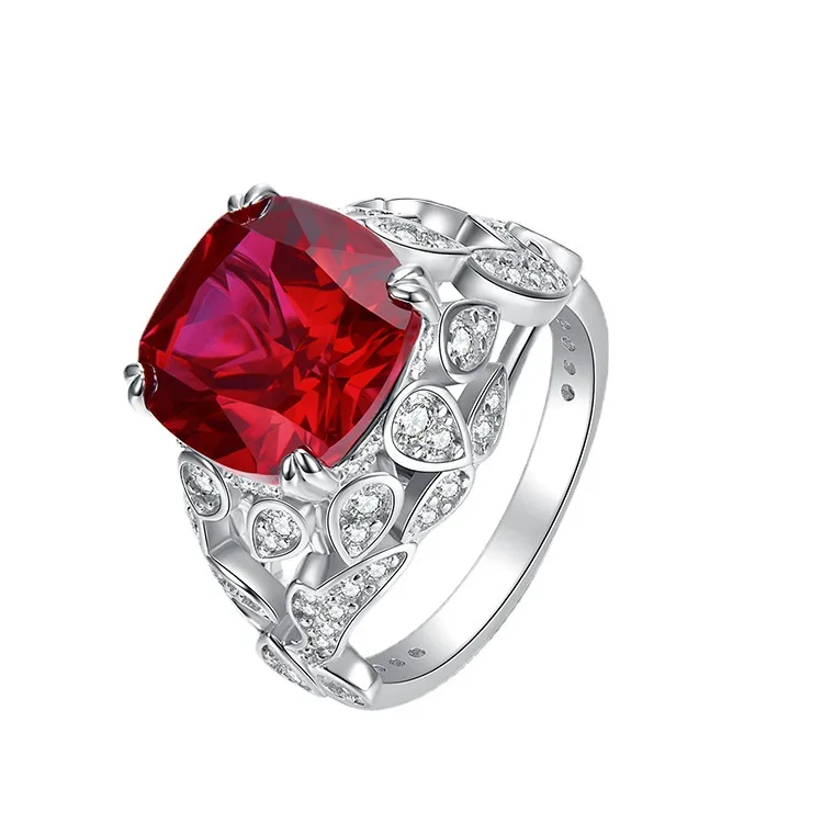 

S925 Silver Ring Red Treasure Zircon Stone Inlaid 12 * 12 Personalized Fashion Versatile Ring Boutique Jewelry for Women