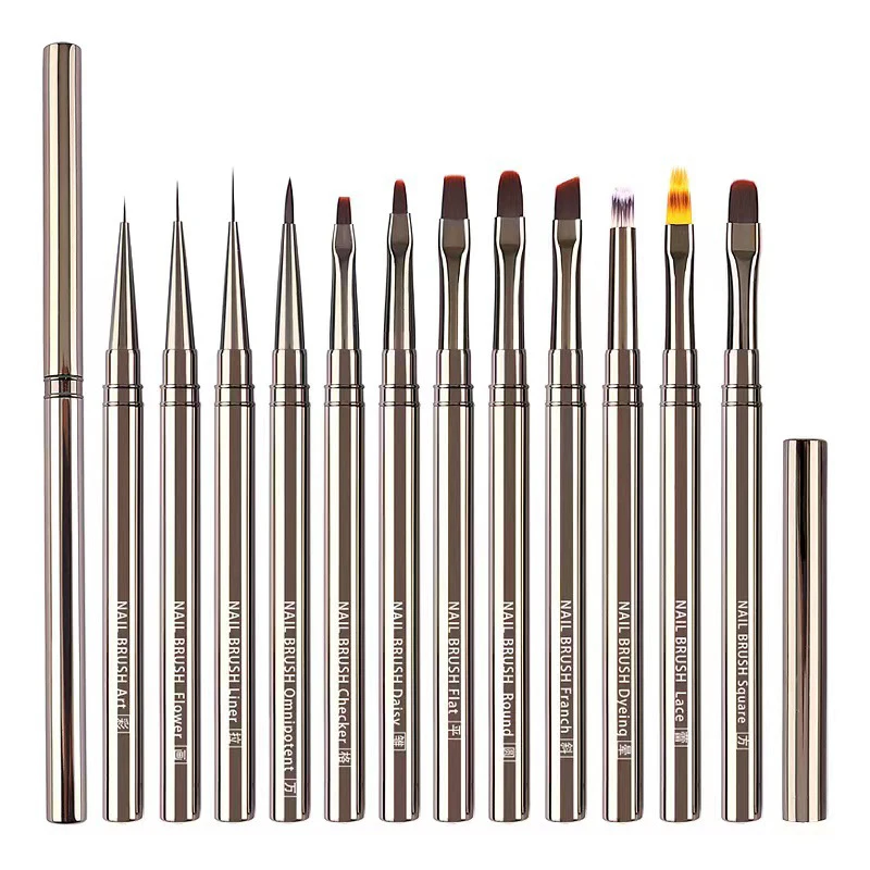 Nail Art Brushes 14 Sizes Metal Handle Nail Liner Brush Stripe Pattern Painting Acrylic UV Gel Extension Drawing Carving Pen
