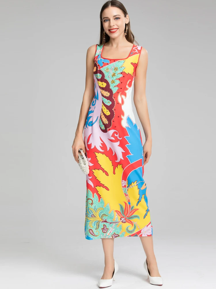 Red RoosaRosee Diamonds Floral Print Square Collar Sleeveless Pencil