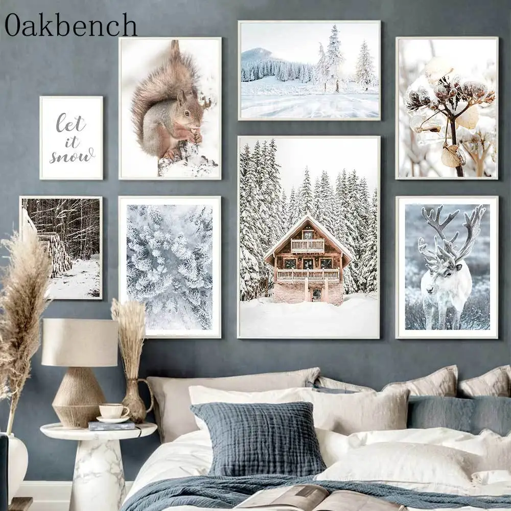 

Snow Landscape Print Pictures Elk Squirrel Wall Art Wood Forest House Canvas Painting Nordic Wall Posters Living Room Decoration