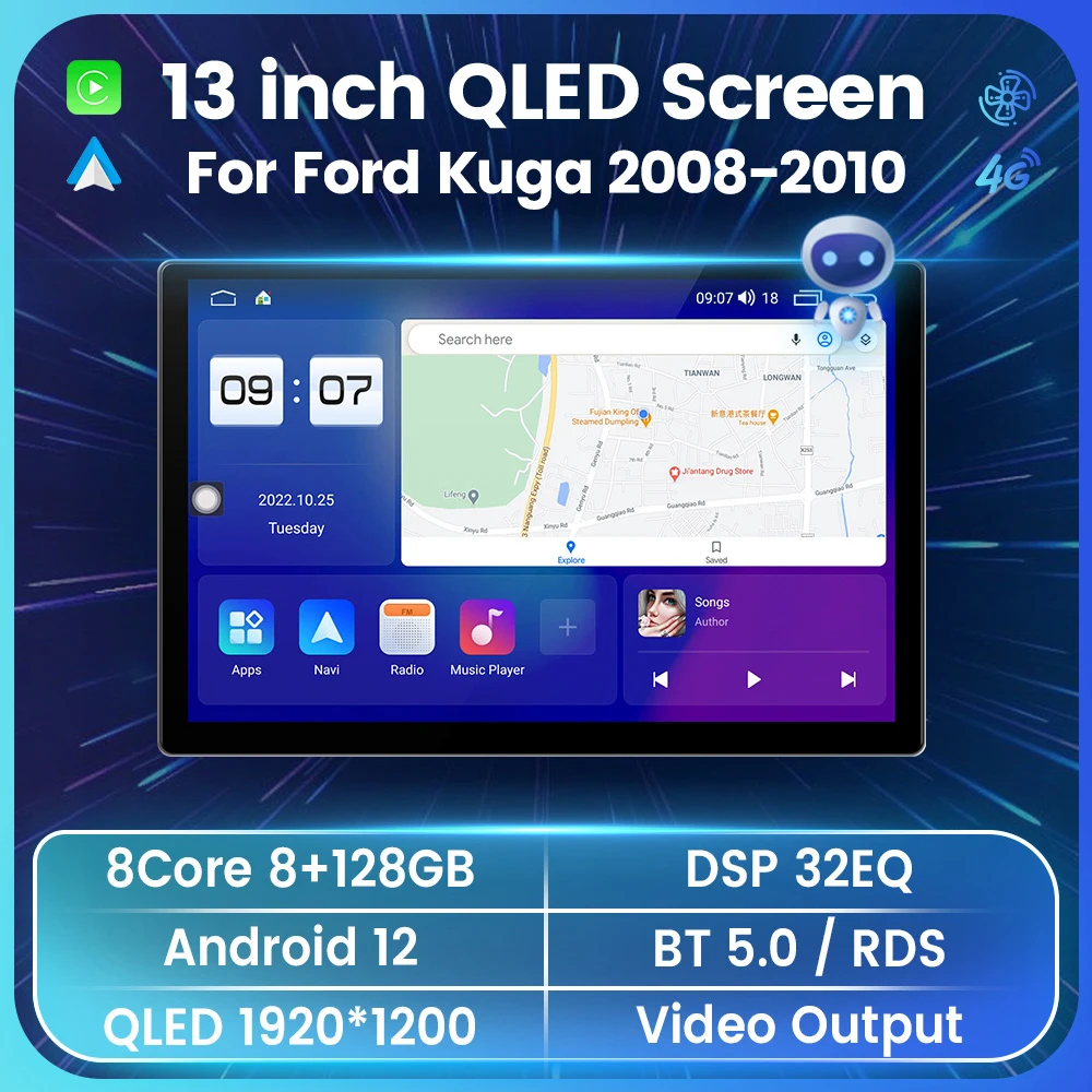 

13" 2K QLED Digital Display For Ford Kuga 2008 2009-2010 DSP Stereo Car Radio GPS Navigation Multimedia Touchscreen Android 12