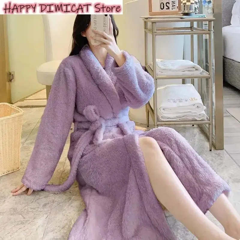 Female Waistband Pajamas Cardigan Jackets Flannel Nightgown Autumn Winter X-long Bathrobe Thicken Fluff Warm Home Service