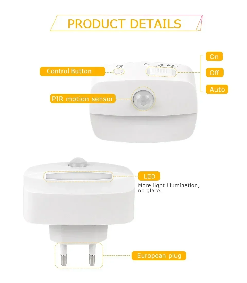 Motion Sensor LED Night Light AC 85-265V EU US Socket PIR Human Induction Lamp 3 Modes Plug In Wall Lamp For Bedroom Hallway