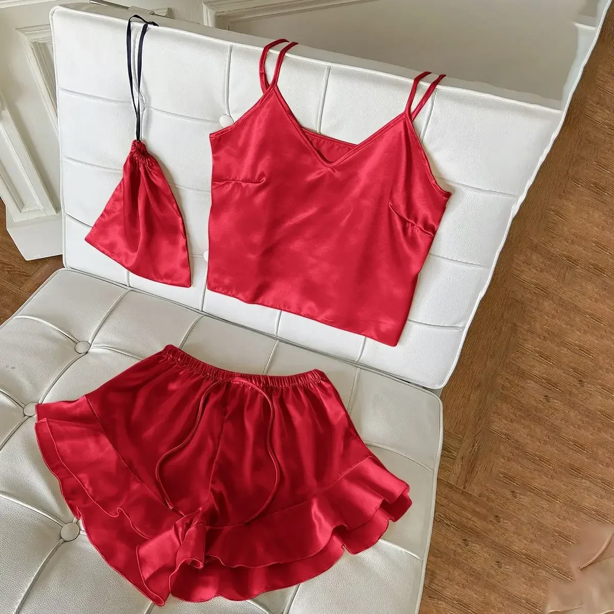 Women Pajamas Set Fashion Sexy Sling Tops Shorts Three-piece