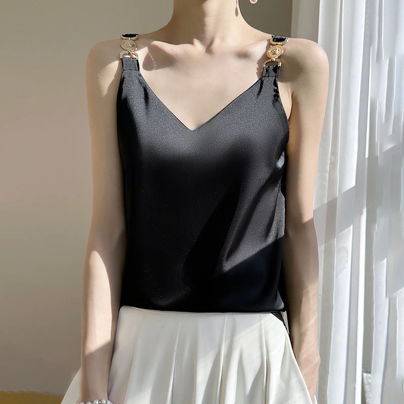 

Summer Silk Sleeveless Women's New Top V-Neck Sexy Metal Shoulder Strap Fashion Small Suspender Vest In 2023