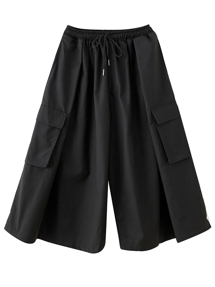 Black Vintage High Elastic Waist Drawstring Wide Leg Pants Women Loose Casual Pocket Fashion Ladies Trousers Spring Summer 2025