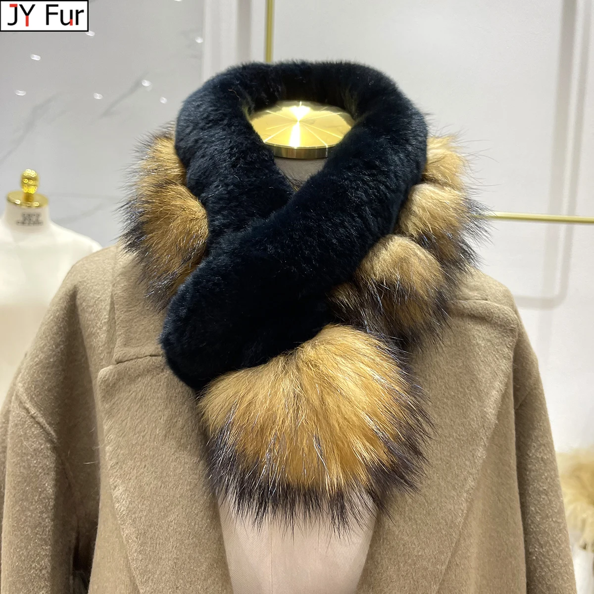 

New Winte Short Style Women 100% Natural Rex Rabbit Fur Scarves Winter Warm Lady Knitted Real Raccoon Fur Rex Rabbit Fur Muffler