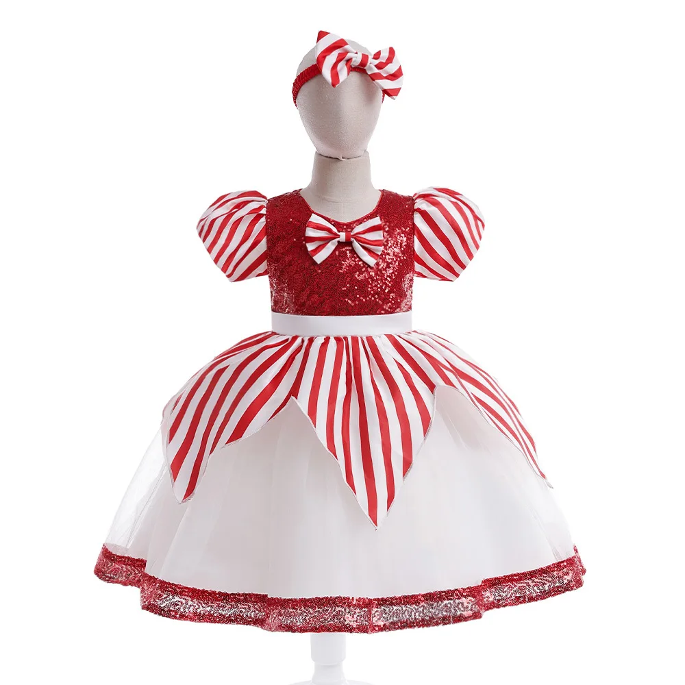 

Girls Sequin Christmas Dress Red Striped Bow New Year Elegant Kids Princess Party Dresses For Girl Children Wedding Prom Gown
