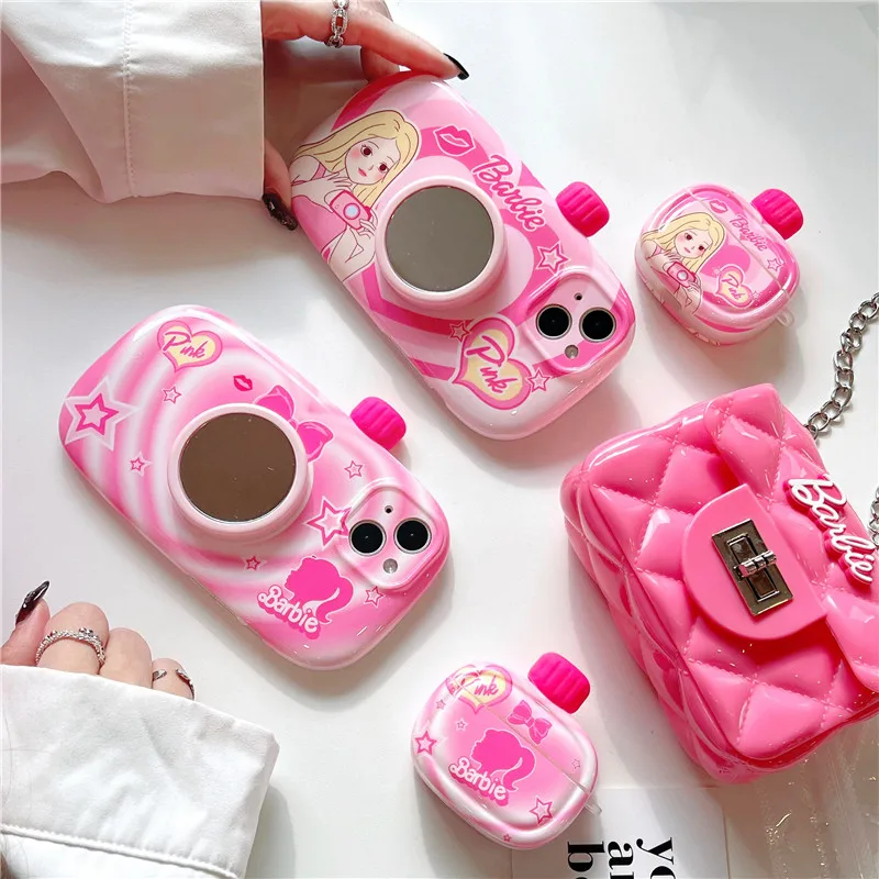 Pink Barbie Girls Camera Makeup Mirror Phone Case Per Iphone 15Pro Max 12 13 14 15 Pro Max Fashion Trend Princess Cover