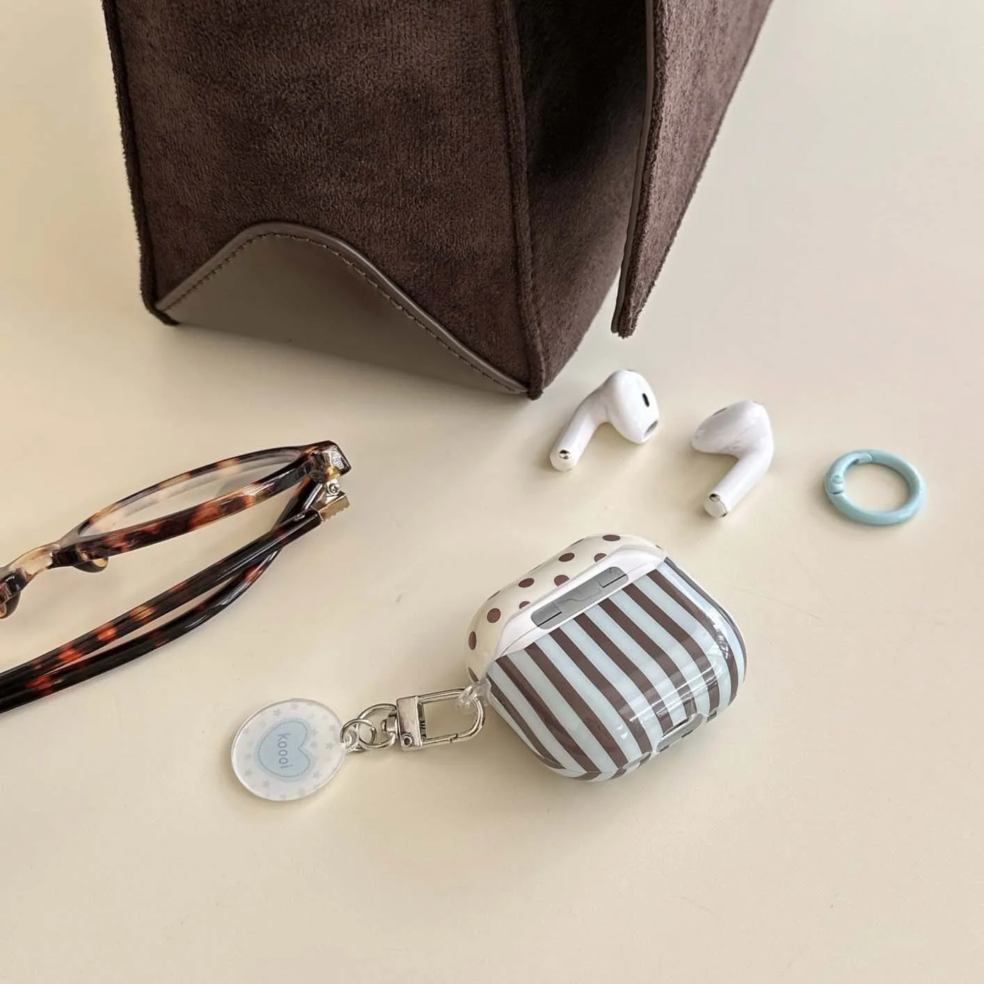 Stripe Design Earphone Case with Cartoon Pendant and Flower Accent for Wireless Bluetooth Charging