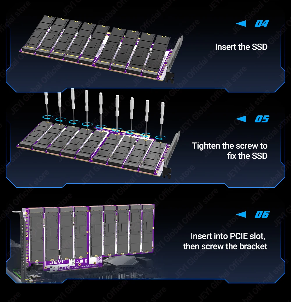 JEYI 9-Bay PCIe 5.0 zu X16 M.2 SATA Adapter 16Gbps Unterstützt 2280 SATA SSD (B+M-Key) Kompatibel mit PCIe X4/X8/X16 Unterstützt RAID 0/1/5 – Detail 9
