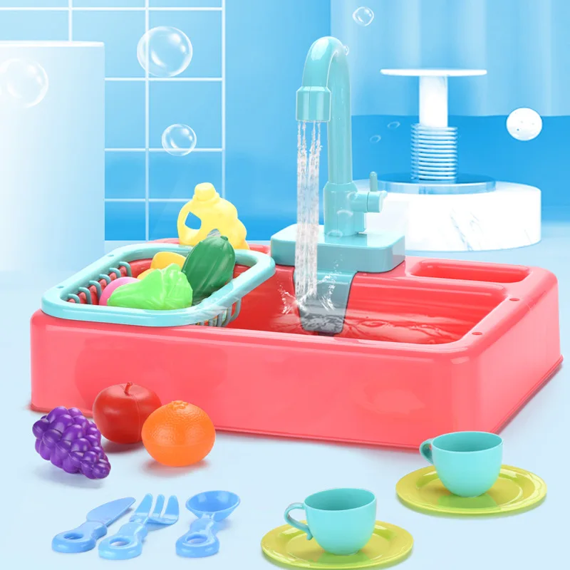 Kitchen Electric Wash Basin Sink Kit Children Pretend Play Toys Automatic Circulating Water Outlet Educational Cleaning House Gift for Children