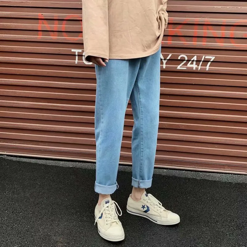 Spring Summer 2022 Fashion Straight Jeans Men's Washed Wild Korean Trendy Loose Teenagers Cropped Pants Students Bf Casual Pants