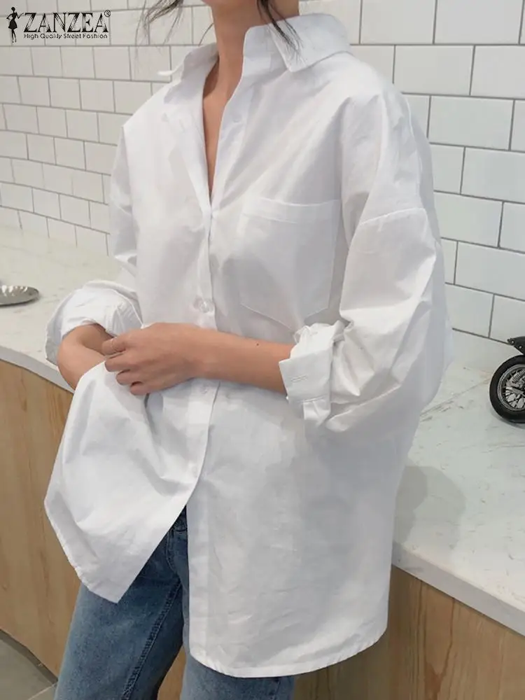 

ZANZEA Korean Fashion Long Sleeve White Chemise Women Casual Loose Shirts Chic Side Slit Oversize Tops 2023 Autumn Plain Blouses
