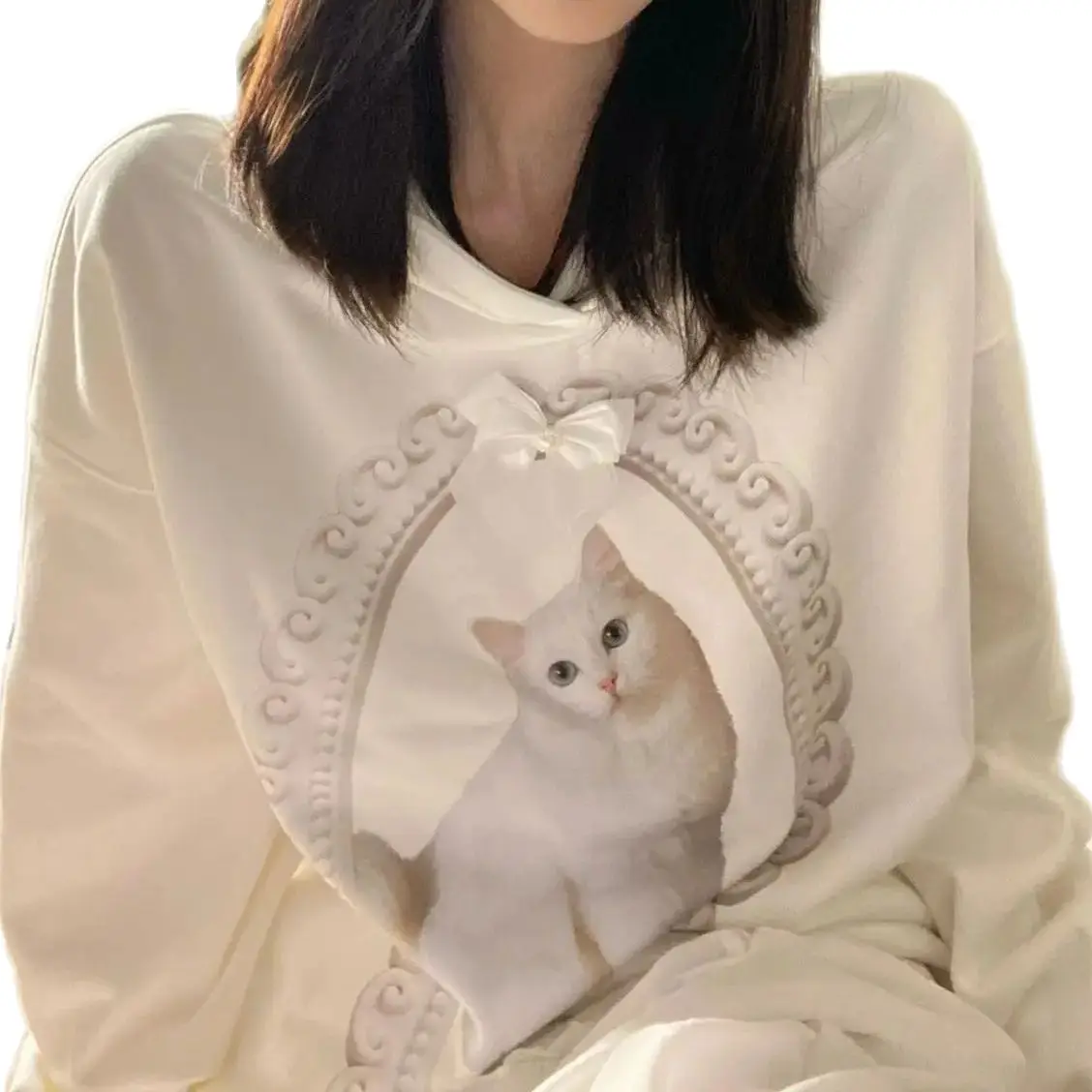 Sweet Cute Hoodie Bow Cat Print  Round Neck Loose Casual Warm Retro Harajuku Pullover Sweater LooseThin And Thick