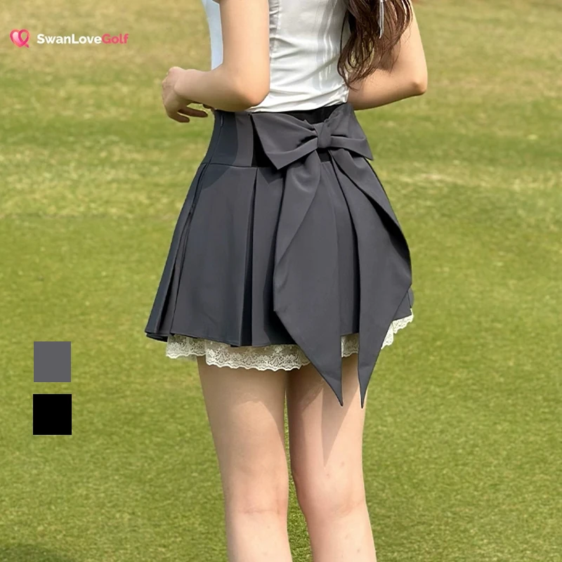 Swan golf woman pleated lace skirt with bowknot high-waisted fashion sports casual skort ladies tennis golf culottes