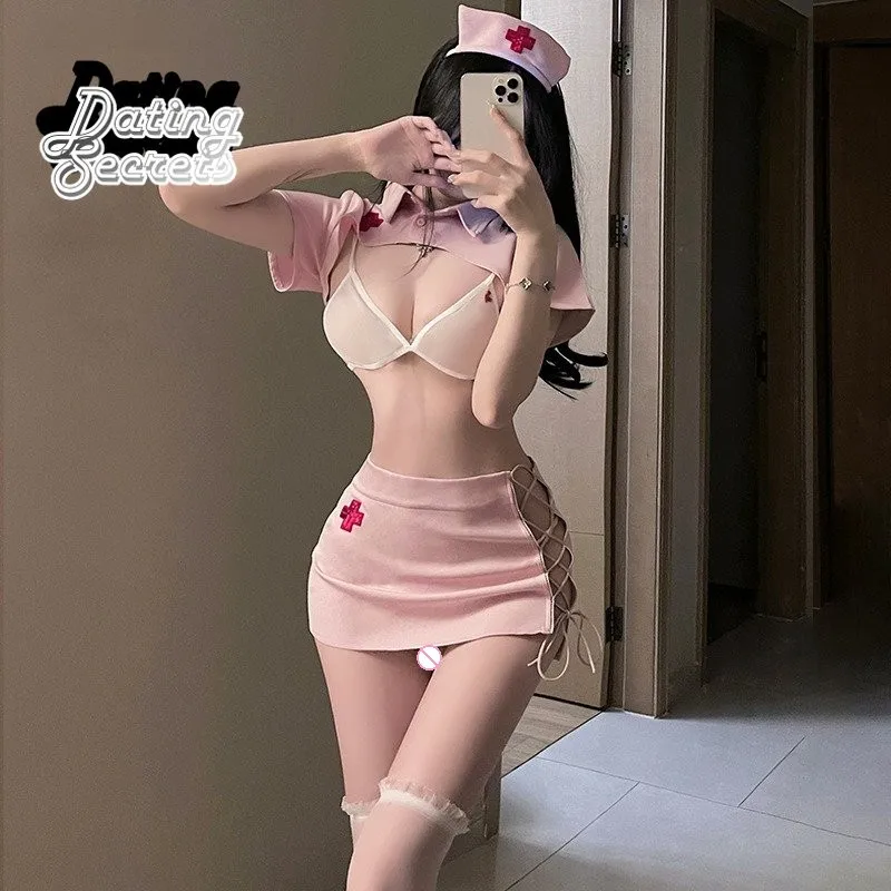 

Pink Sexy Cosplay Woman Hollow Out Deep V Underwear Three-point Nurse Uniform Seduction Hip Bag Skirt Passion Anime Set