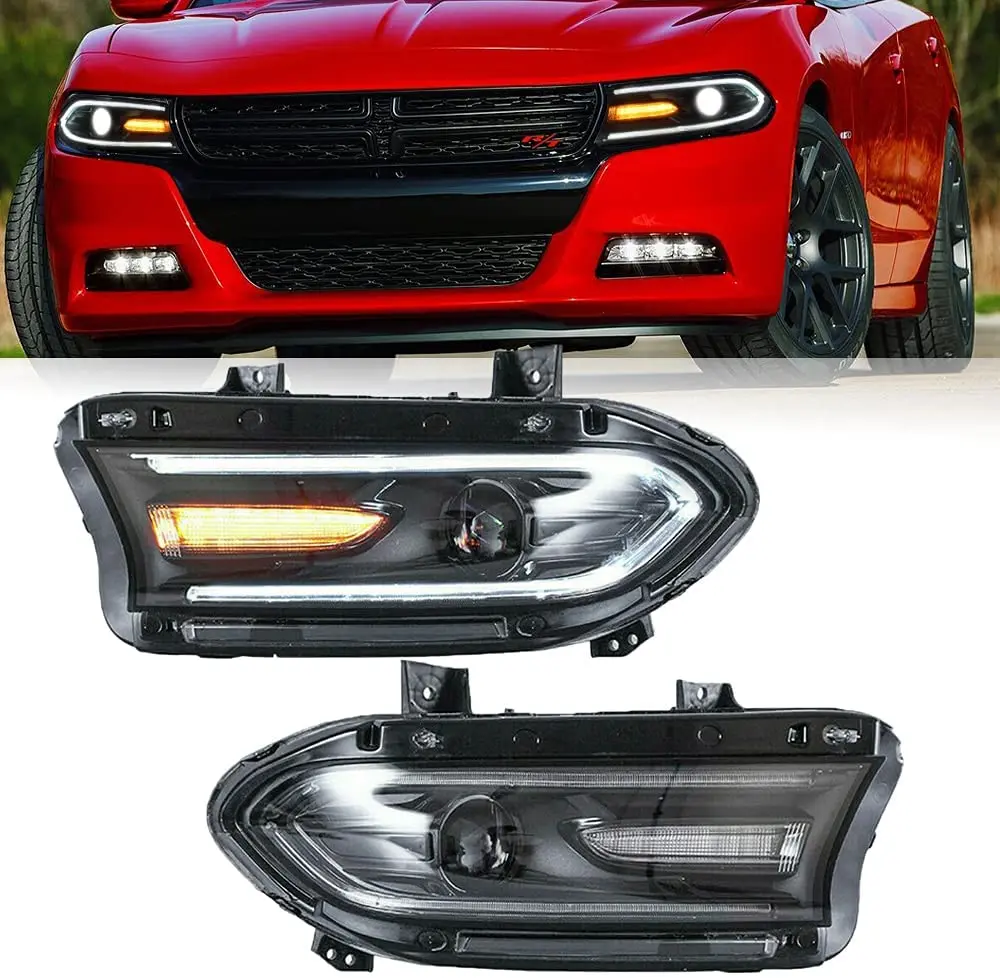 

LED Headlights Assembly Compatible with 2015 2016 2017 2018 2019 2020 Dodge Charger | Dual Beam Projector Front Lamp