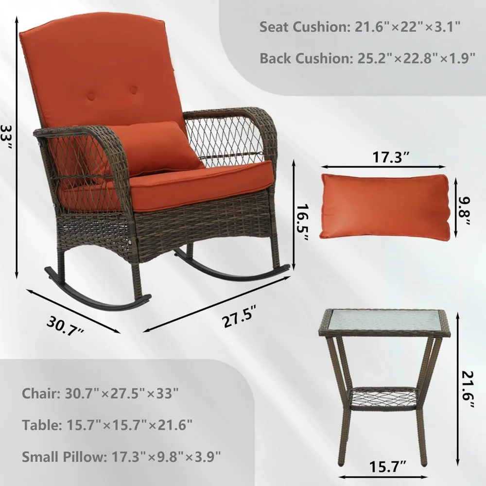 Outdoor Wicker Rocking Chairs, 3 Pieces Patio Furniture Rattan Rocker Chairs Wicker Rocking Bistro Set with Cushions and Side Ta 2