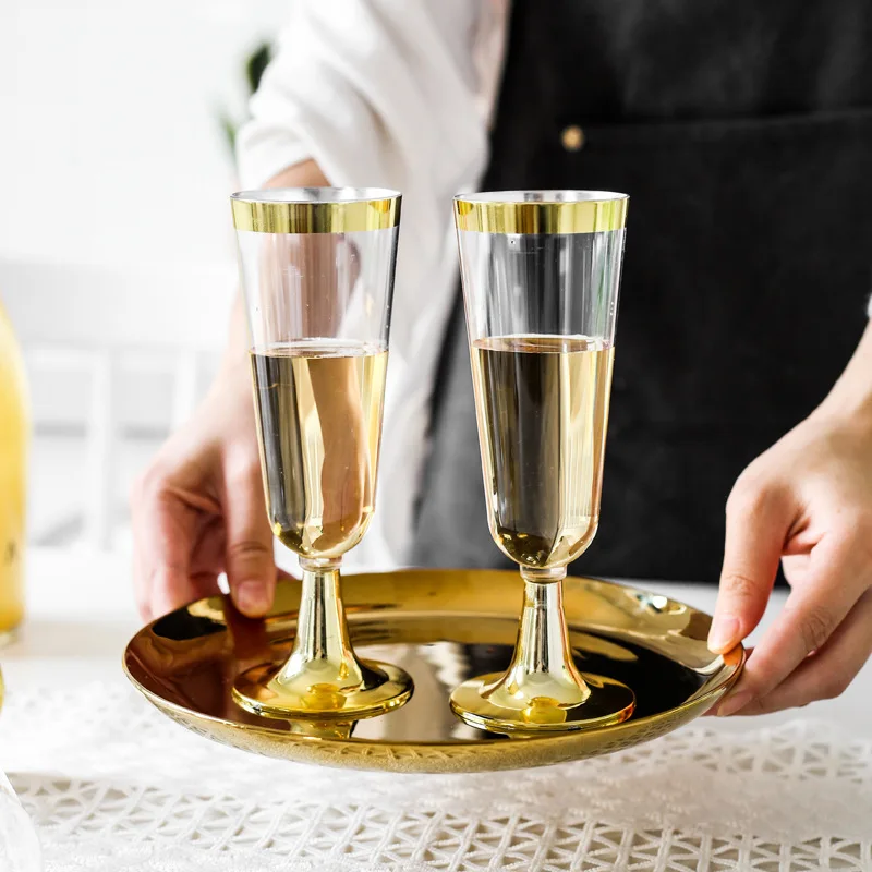 

Disposable Champagne Glasses, Plastic Goblets Hot Stamped with Gold Plated Red Wine Glasses, Ice Cream Glasses, and Rose Gold