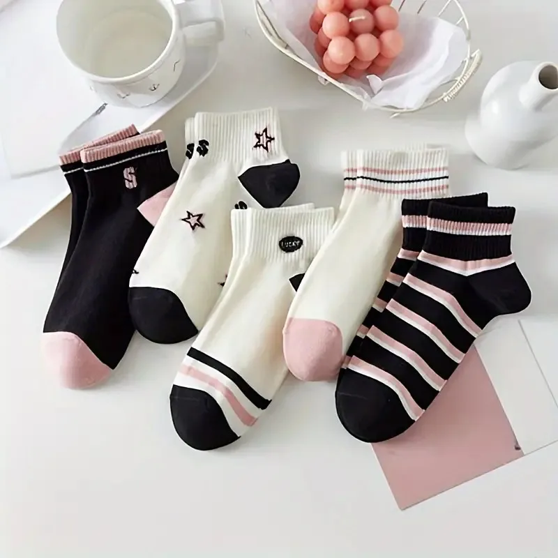 Sports Socks 5 Pairs Star & Striped Socks College Style Short Socks Women's Stockings & Hosiery