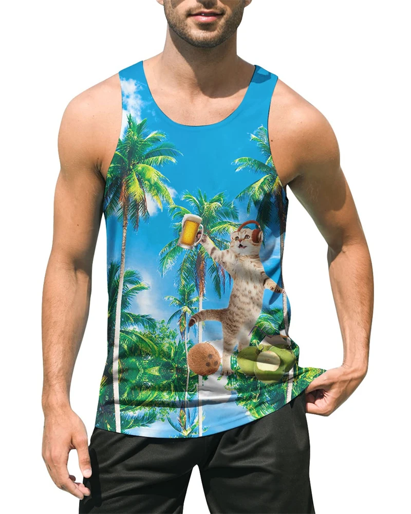 

Coconut Tree Pattern Tanks Tops Sleeveless Round-Neck Street Style 3D Print Vest 6XL Plus Size Man Clothing Loose Casual Top