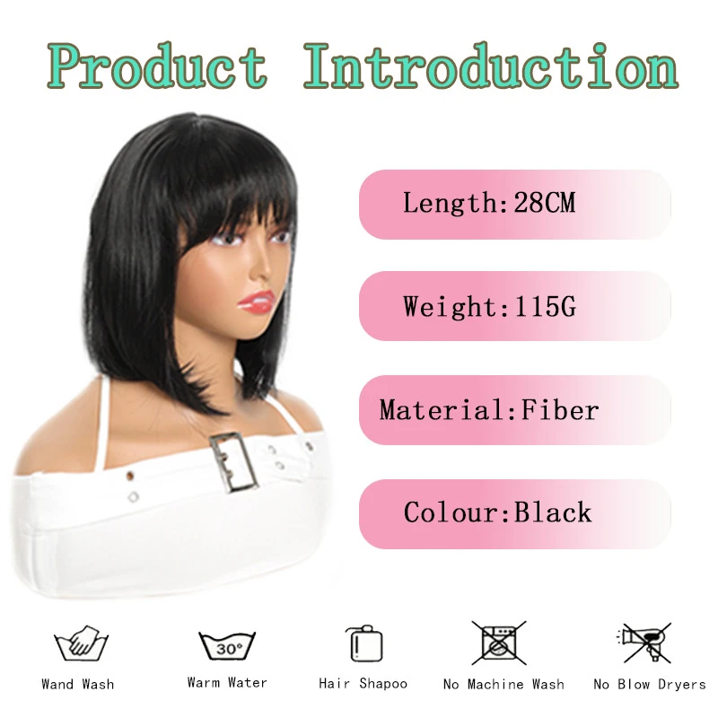 Synthetic Chic 10 Inch Bob Wig with Bangs Natural Black Brown Blend Easy-Style Daily Wear Light weight