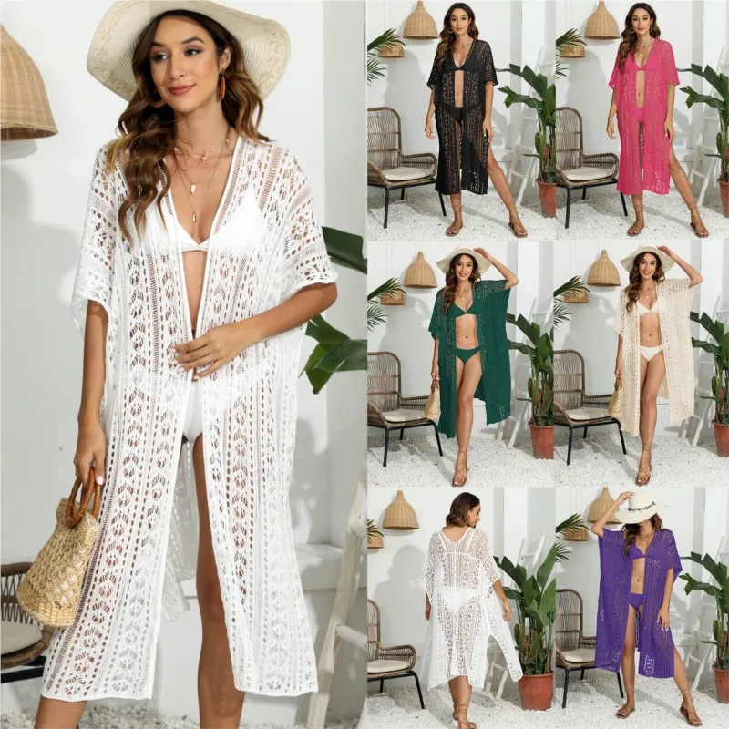 

Женское летнее платье, одежда для плавания, вязаный крючком кардиган для пляжного выхода, Сексуальная Ажурная рубашка, бикини с коротким рукавом, однотонная женская одежда