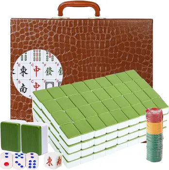 Mahjong Set, 1.5'' Large 146 Tiles, Arabic Numerals, Travel Case, Durable Melamine, Chinese Mahjong Game 1