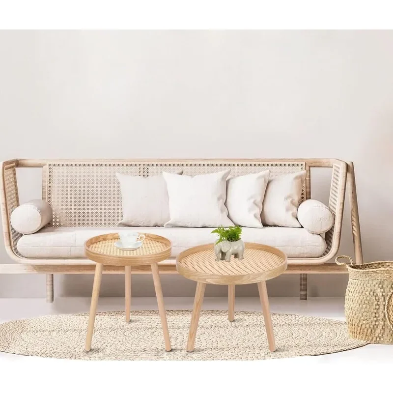 Round Coffee Table Set of 2, Small Mid Century Modern Rattan Coffee Table, Boho Side Table End Tables for Living Room Bedroom 3